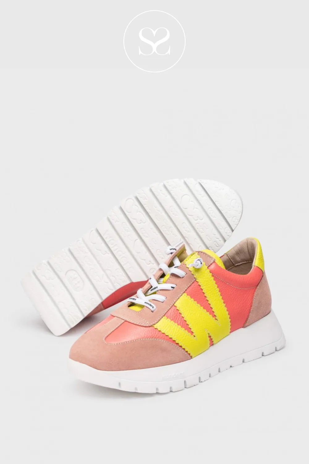 WONDERS A-2476 CORAL PINK/LIME PULL ON WEDGE TRAINERS